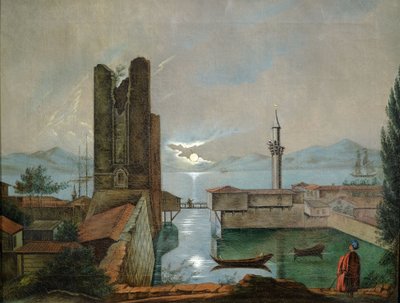 Small Harbor with Old Fortress Tower by Moonlight in the Levant by Unbekannt Unbekannt